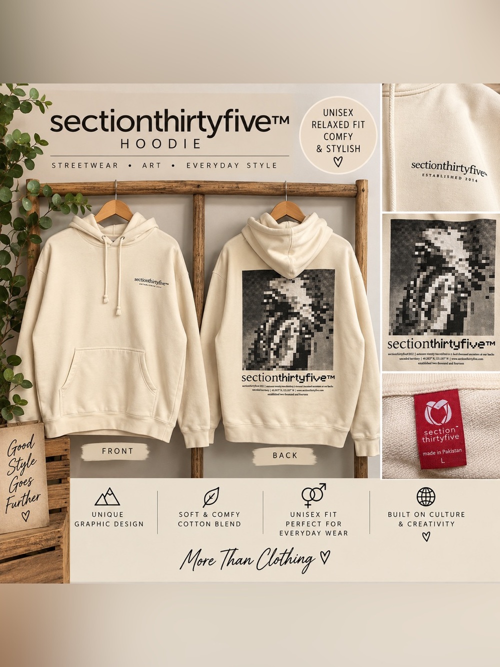 Section Thirtyfive Cream Graphic Hoodie Unisex Size L Streetwear
